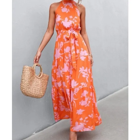 Boho pink  floral print belted halter maxi dress - Picture 7 of 14